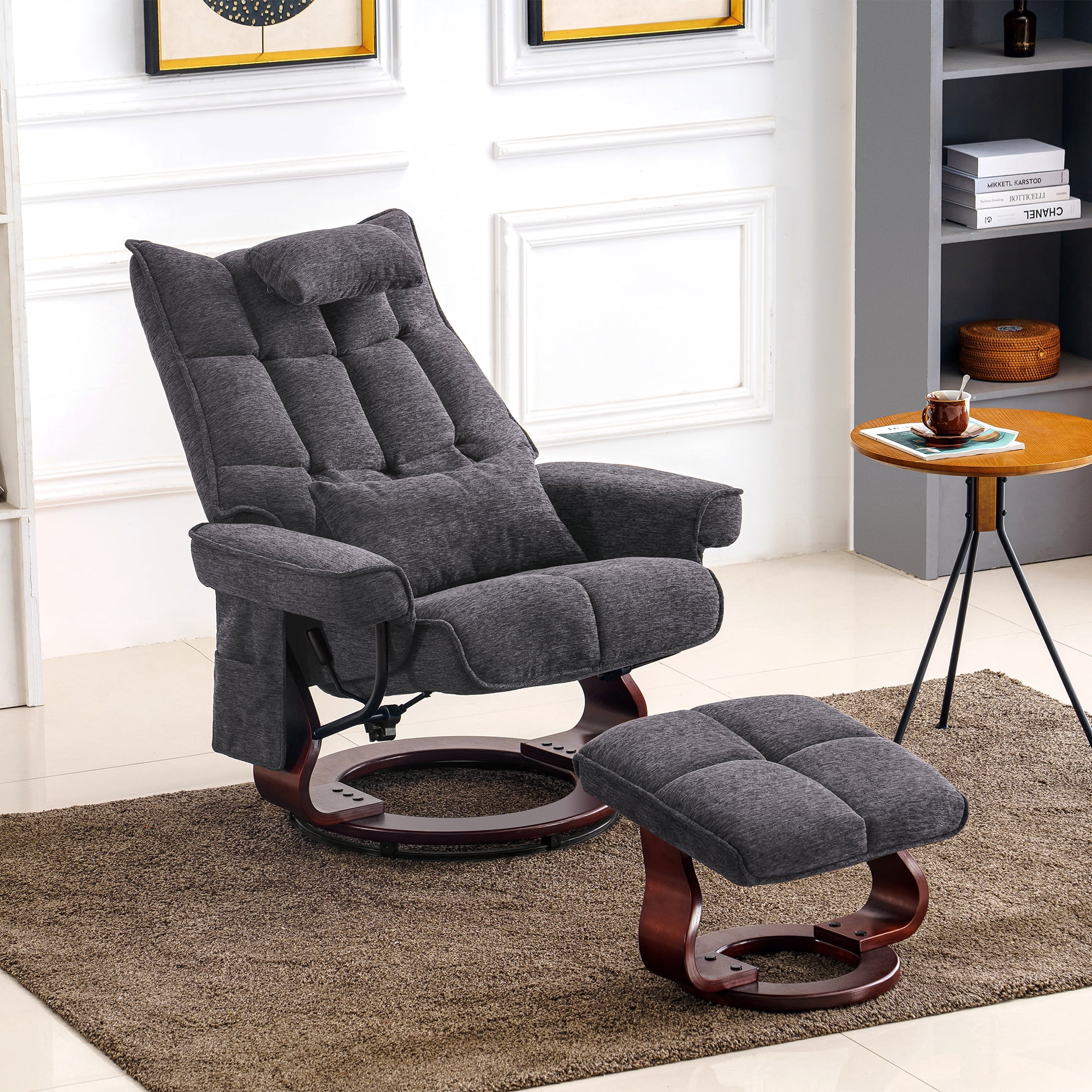 Mcombo Swivel Recliner with Ottoman, Massage TV Chairs with Neck Pillow and Side Pocket for Living Reading Room, Chenille Fabric 4188