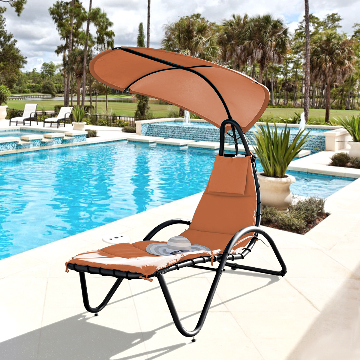 Hanging Chaise Lounger Chair Patio Porch Arc Swing Hammock Chair Canopy Outdoor [Orange] - image 2 of 8