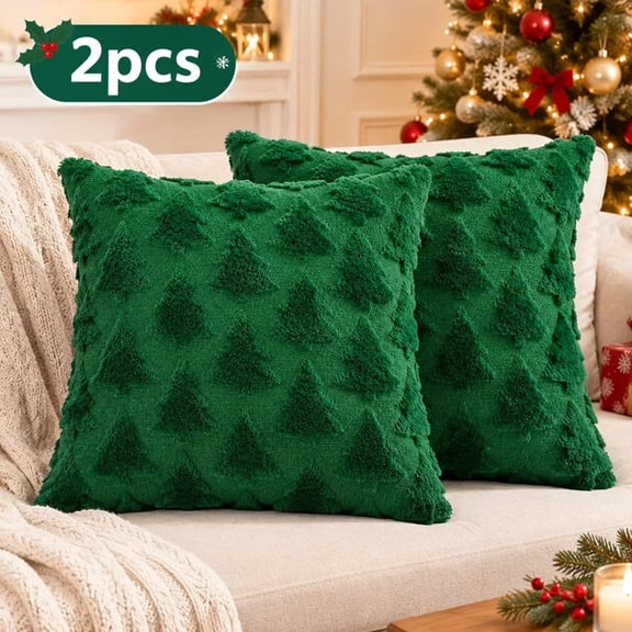 Christmas Throw Pillow Covers Set of 2, Green Christmas Tree 18 x 18 Inch Pillowcases for Couch Sofa Bed, Holiday Decor, No Insert