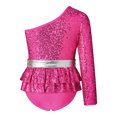thumbnail image 2 of iEFiEL Kids Girls Single Long Sleeve Gymnastics Ballet Leotard Oblique Shoulder Shiny Sequins Jumpsuit Acrobatics Bodysuit Hot Pink 8, 2 of 7