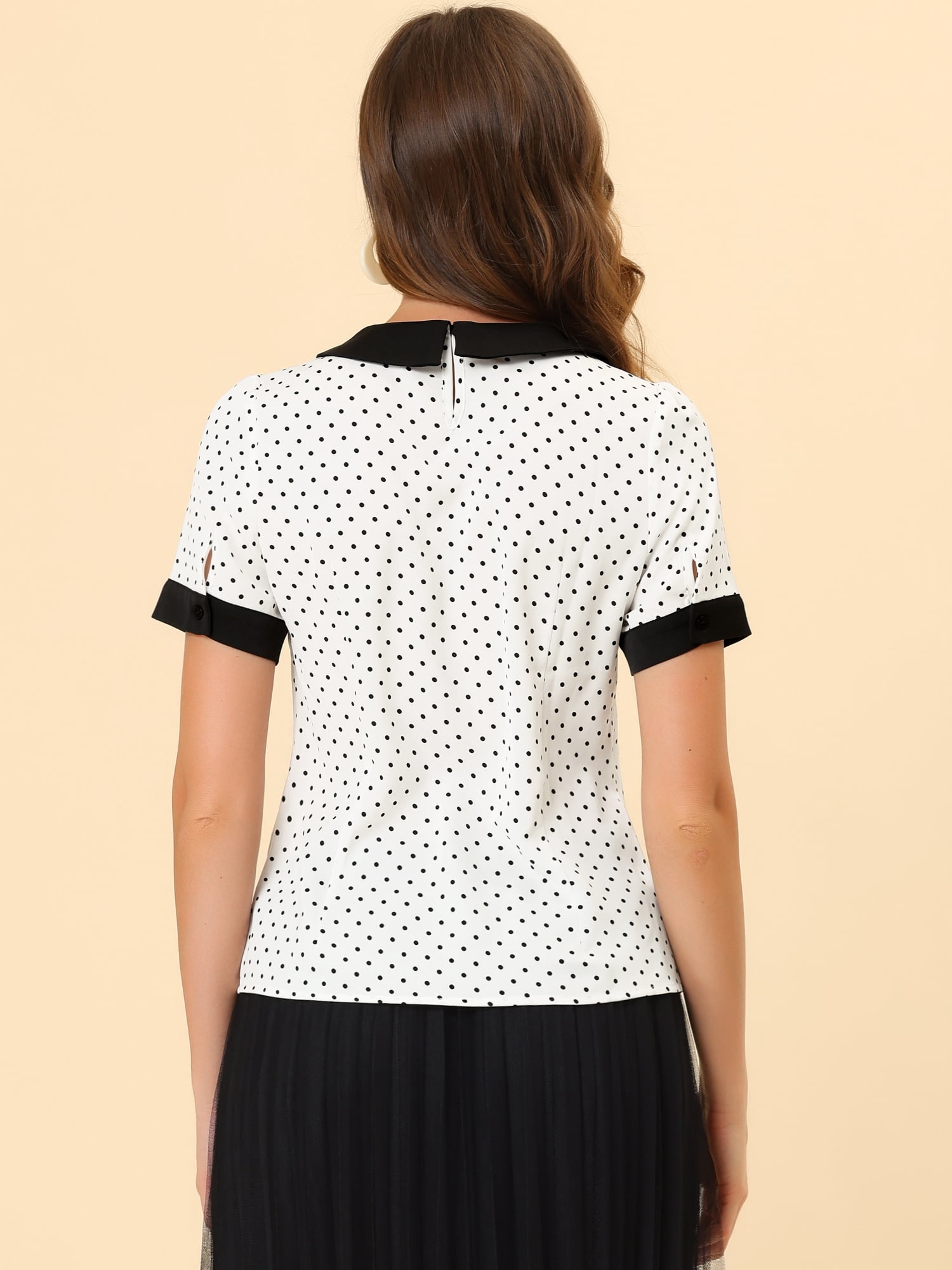DARING DIVA Women's Peter Pan Collar Polka Dots Short Sleeve Tops S White