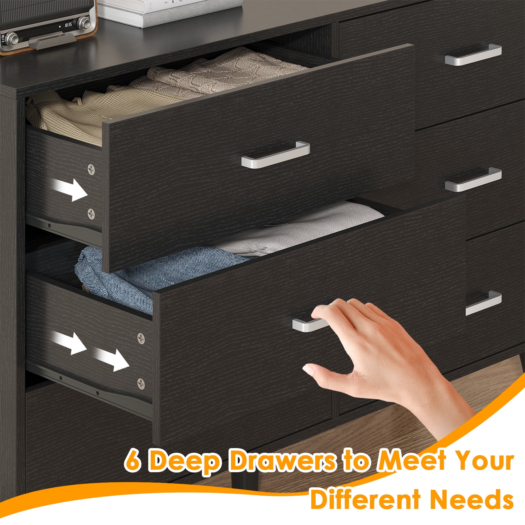 Meteorleg 6 Drawer Dresser for Bedroom, Wood Dresser with Wide Drawers and Metal Handles,Modern Dresser Chest for Bedroom,Living Room,Entryway
