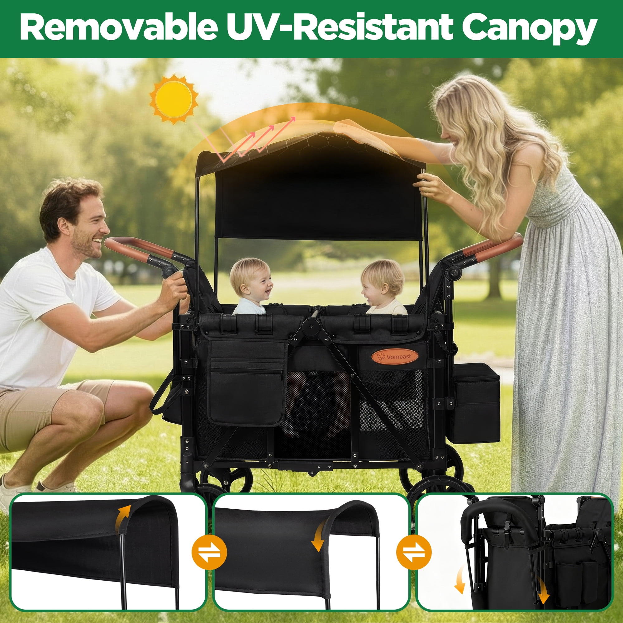Vomeast Upgrade Wagon Stroller for 2 Kids, 2-Seater Outdoor Baby Stroller Wagon with Canopy, 5-Point Harness, Adjustable Handle(Black)