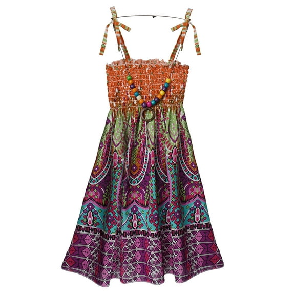 YIZYIF Kids Girls Summer Rainbow Color Bohemian Dress Floral Suspender Dress Vacation Beach Wear Orange 150