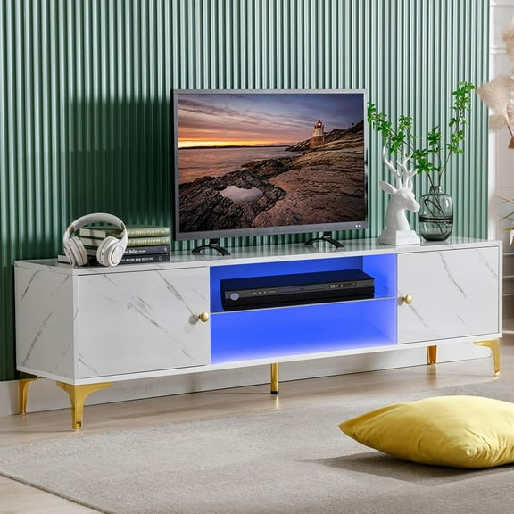COSVALVE LED TV Stand for 60/65/70 inch TVs, Modern Entertainment Center with Storage Cabinet, TV Console Table with Open Shelf for Living Room, Bedroom, Game Room(Marble White)