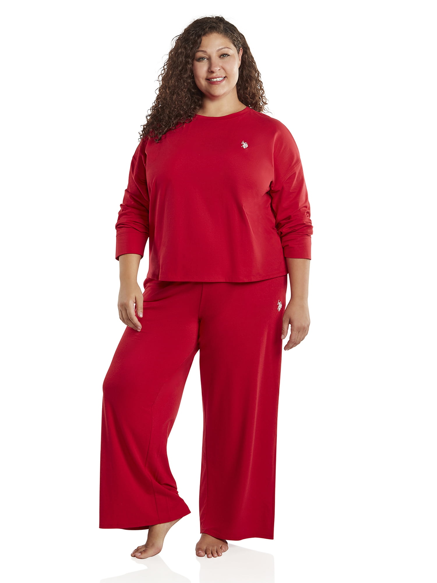 U.S. Polo Assn. Women's Long Sleeve Cotton Span Top and French Terry Wide Leg Pant Pajama Sleep Set, 2-Piece, Sizes S-3X