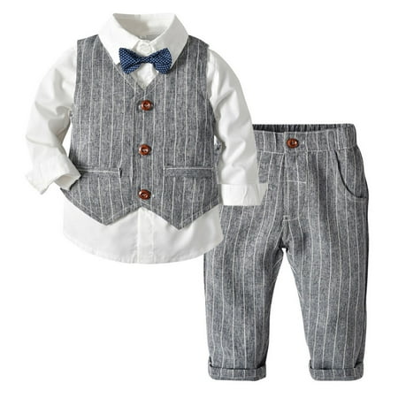

0-7Y Toddler Boys Clothes Formal Suit Sets Cotton Shirt+Bow Tie+Suspender Pants 4 Piece Infant Gentleman Outfits