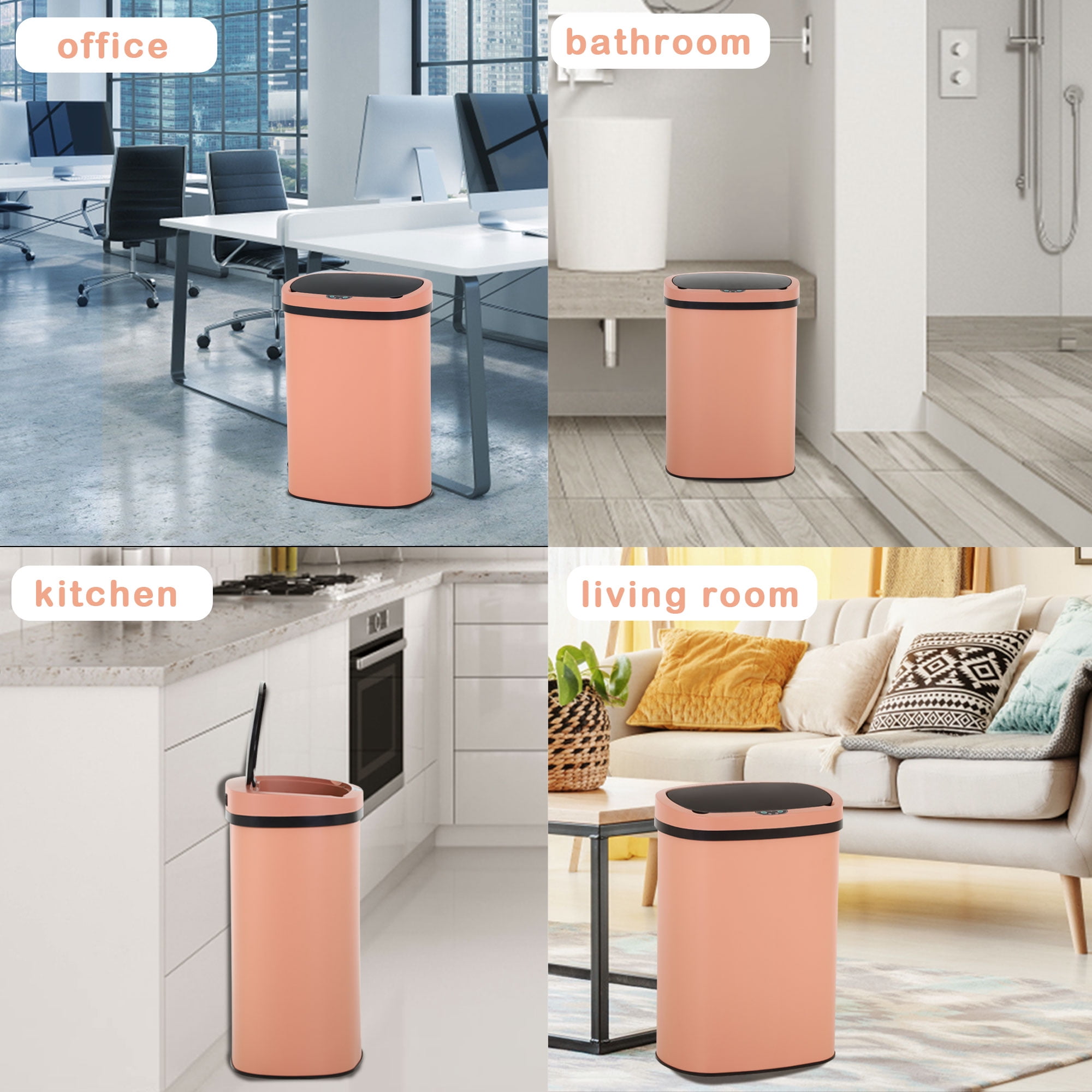 CL.HPAHKL 13 Gallon Kitchen Trash Can, Touchless Motion Sensor Trash Can 50 Liter High-Capacity Automatic Trash Cans Stainless Steel Garbage Can with Lid for Home Bathroom Bedroom Office, Pink