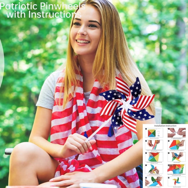 Ensemble de 10 Pcs de Décorations Rouges, Blanches et Bleues pour le 4 Juillet avec Toupies à Vent de Jardin, Ensemble de Fournitures de Fête du Jour du Souvenir pour Drapeau de Cour Extérieur