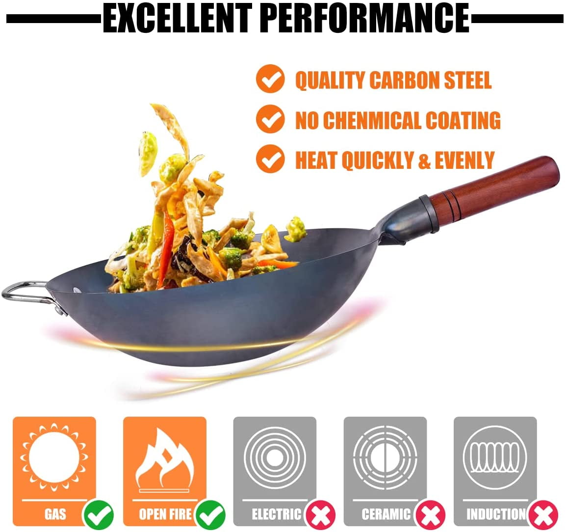 13.4 Inch Hand Hammered Carbon Steel Wok Set, Traditional Round Bottom Chinese Wok Pan with 8 Pieces Complete Cookware Accessories
