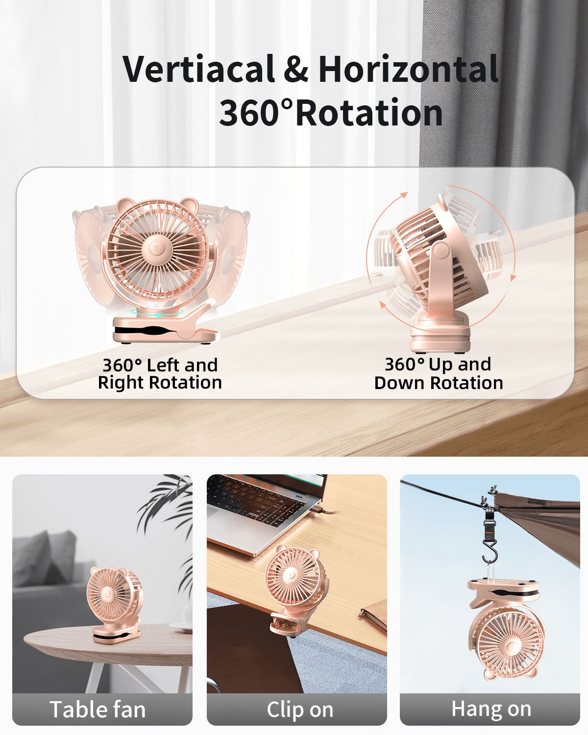 FrSara Clip on Fan, Rechargeable Portable Fan with 2000mAh Battery Operated, Small Fan with Powerful Clip Design, 3 Wind Speed, 360° Rotation, Ultra-Low Noise Level Personal Fan for Travel