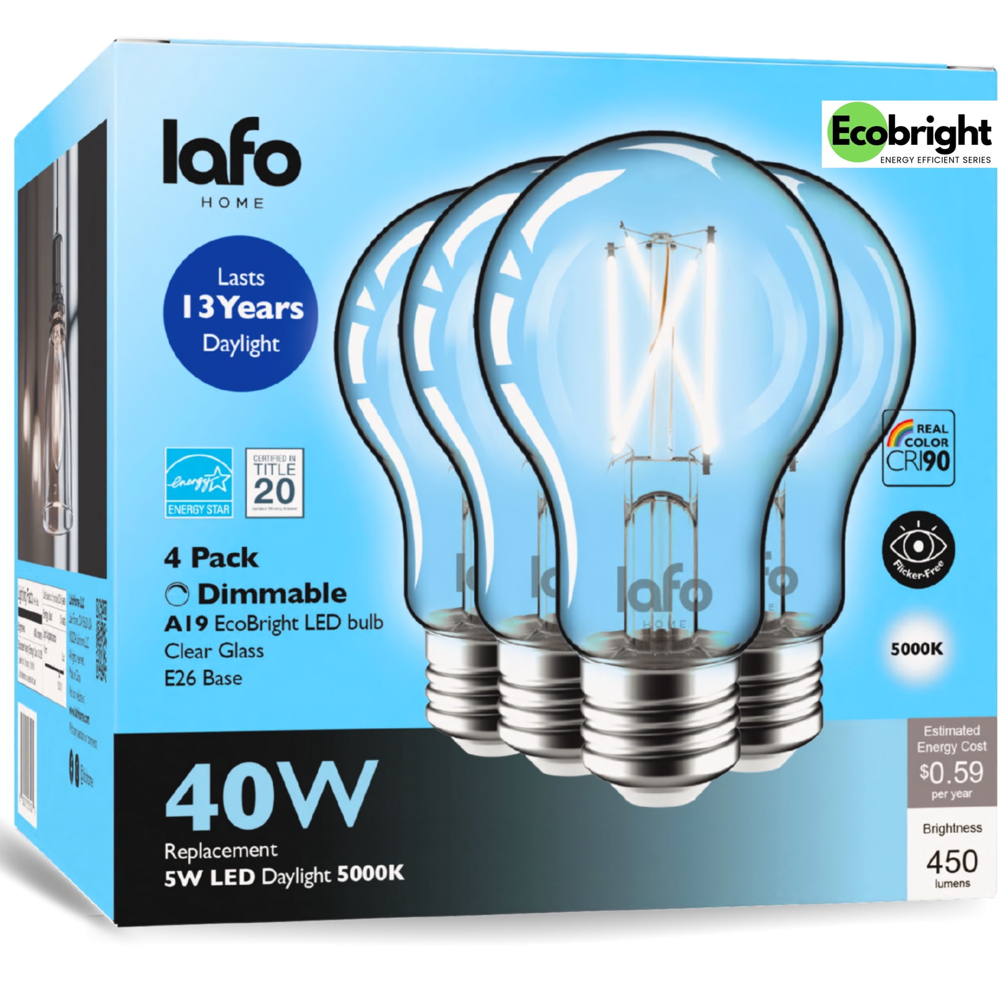 LafoHome EcoBright A19 LED Filament Bulb, 450 Lumens, 40W Equivalent, 5000K Daylight, Dimmable, 4-Pack