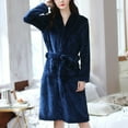 thumbnail image 4 of Lovskoo 2024 Flannel Bathrobe for Women Winter Warm Solid Color Strap Pocket Sleepwear Nightgown Loungewear Navy, 4 of 8