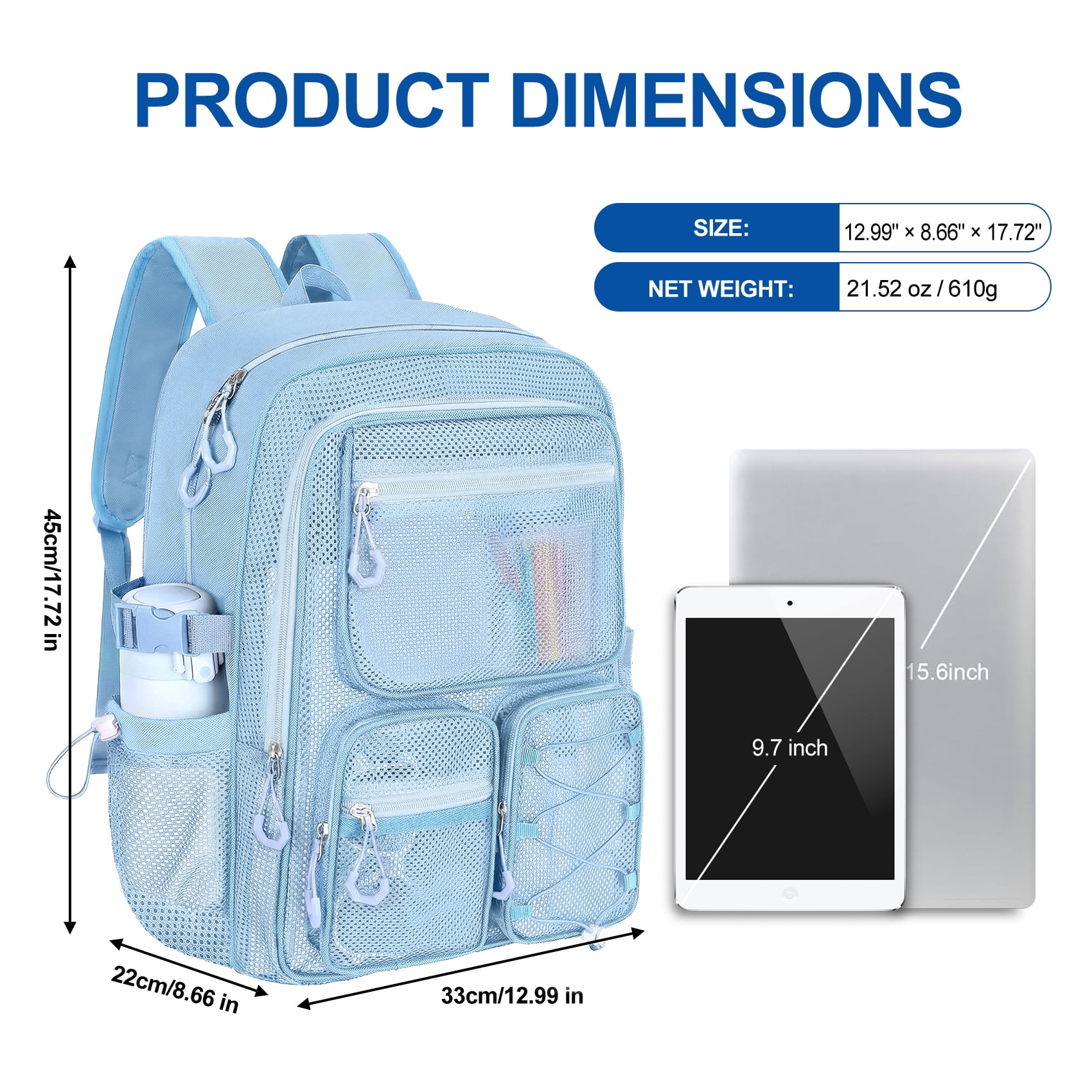 KOITHOT Mesh Backpack Heavy Duty, Stadium Approved Multi-Pocket Beach Backpacks for Adults, See Through Transparent Mesh Bookbag for School & Travel(Blue)