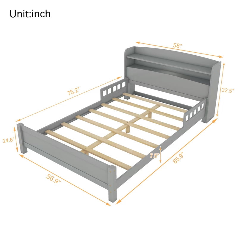 Full Size Bed Frame with Storage , Wood Full Bed with LED Lights and Storage Headboard, Full Size Platform Bed with Slats Support ,No Box Spring Needed, Grey