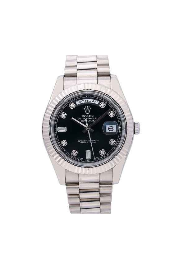 Pre-Owned Rolex Day-Date II 41MM 218239 Black Diamond Dial Fluted Bezel 18K White Gold President Bracelet