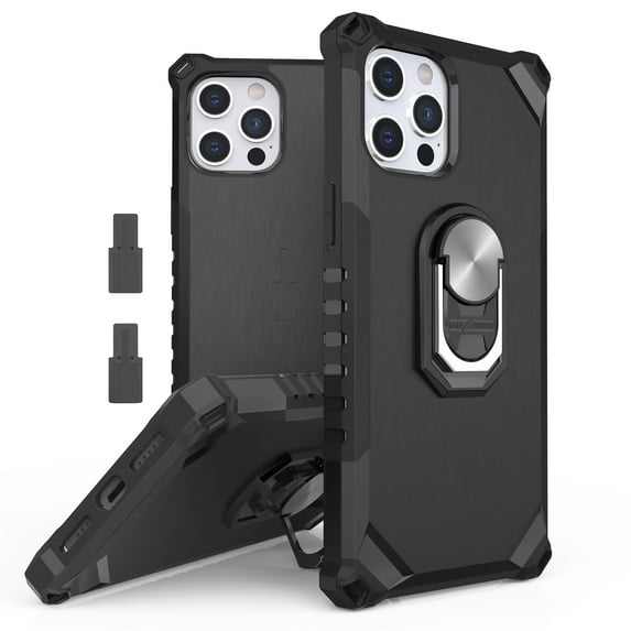 Tri-Shield 2.0 Compatible with iPhone 12 Pro Max 6.7" Rugged Case, Cool Ventilation with Removable Ring Kickstand for Magnetic car mount,Open Port Ready Bike Mount -Black