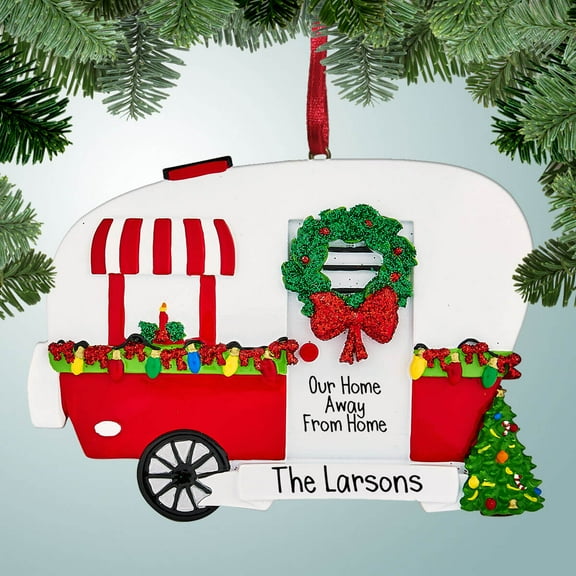 Camping Trailer with Large Wreath - Personalized Christmas Ornament - RV - Outdoors - Camper - Retired - Retirement - Travel - Great Gift Ideas