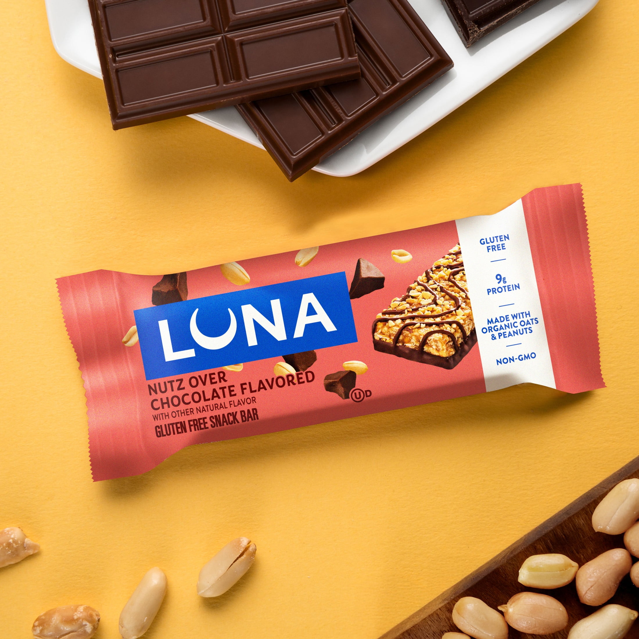 LUNA Nutz Over Chocolate Flavor Gluten Free Snack Bars, Protein Bars, 15ct
