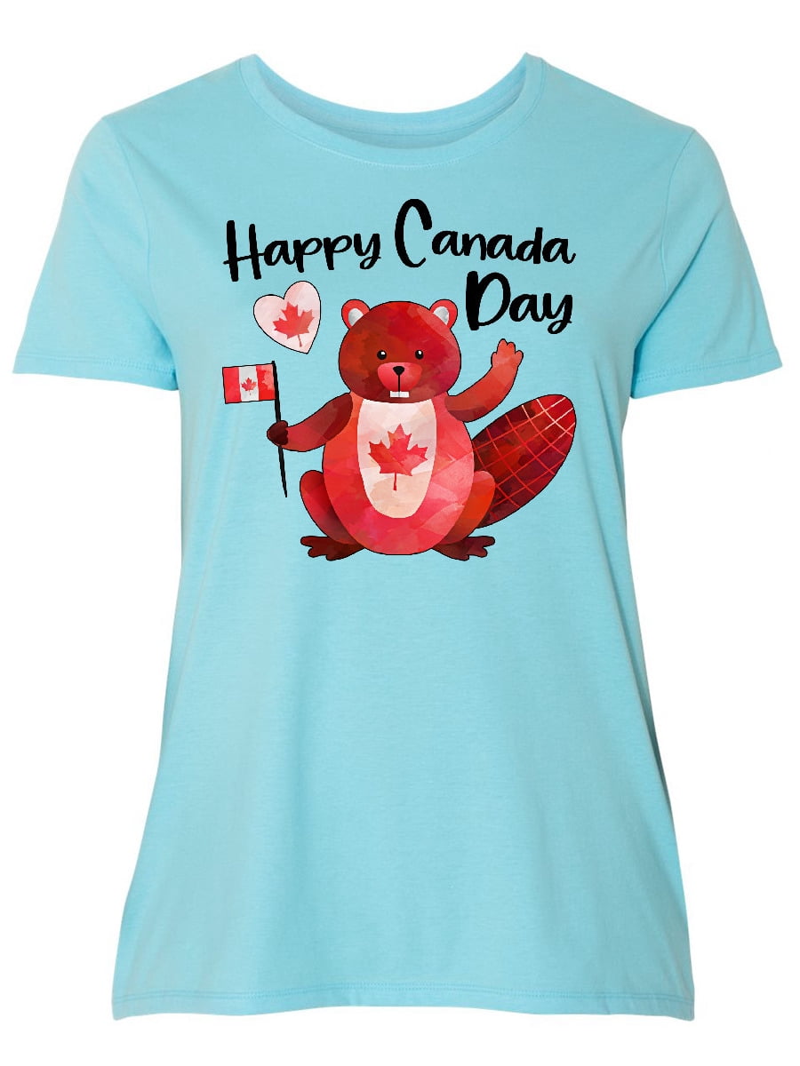 INKtastic Happy Canada Day Cute Red Beaver with Canadian Flag Women's Plus Size TShirt