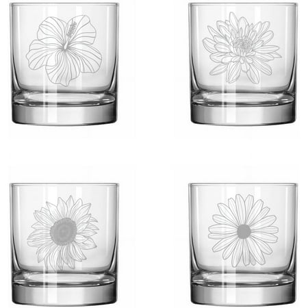 

Set of 4 Glass 11 oz Rocks Whiskey Glass Gift Flower Floral Collection