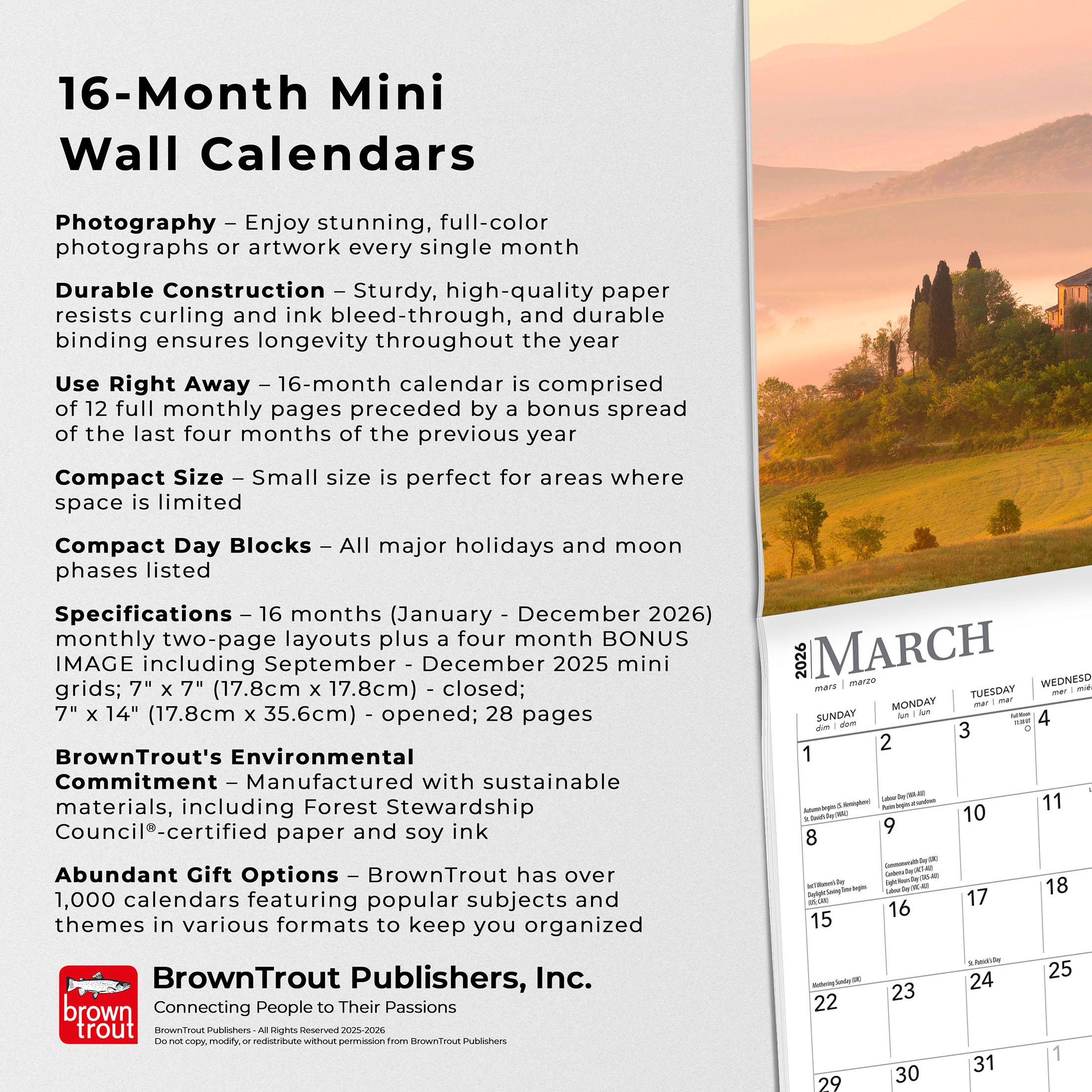 Italy | 2026 7x14" (Hanging) Monthly Mini Wall Calendar | BrownTrout