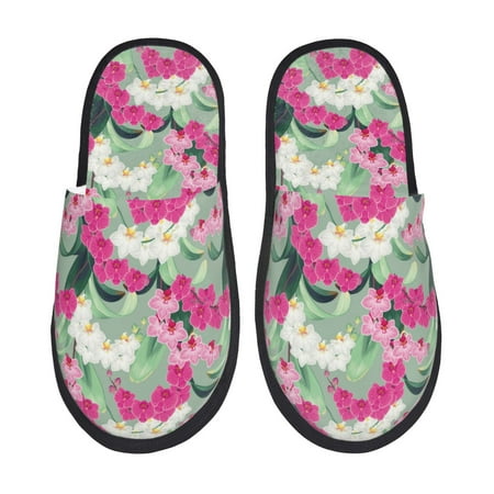 Balery Orchids Flowers Slient Indoor Furry Fleece Comfort House Shoes Soft Non-Slip Home Shoes Cotton slippers House Slippers-- Large