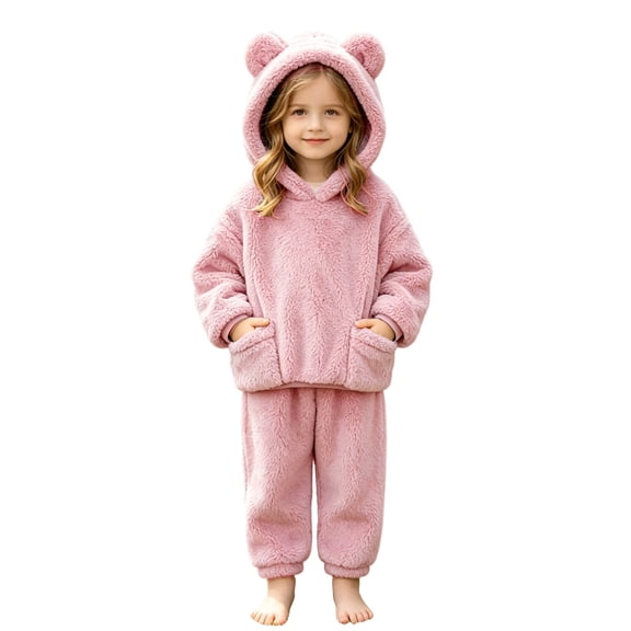 BLVB Toddler Baby Fleece Set Winter Clothes Hoodies Pullover Tops Pants 2PCS Set Toddler Boys Girls Sweatshirt Fluffy Outfit(Pink,18-24 Months)