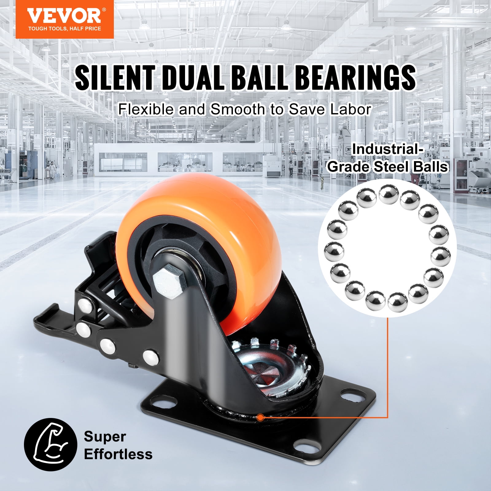 VEVOR Caster Wheels, 3-inch Swivel Plate Casters, Set of 4, with Security A/B Locking No Noise PVC Wheels, Heavy Duty 250 lbs Load Capacity Per Caster, Non-Marking Wheels for Cart Furniture Workbench