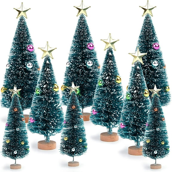 9PCS Bottle Brush Trees with Topper Ornaments, Mini Christmas Trees Sisal Snow Frost Trees with Wood Base for Christmas DIY Decoration Table Top Decoration Diorama Tree Models