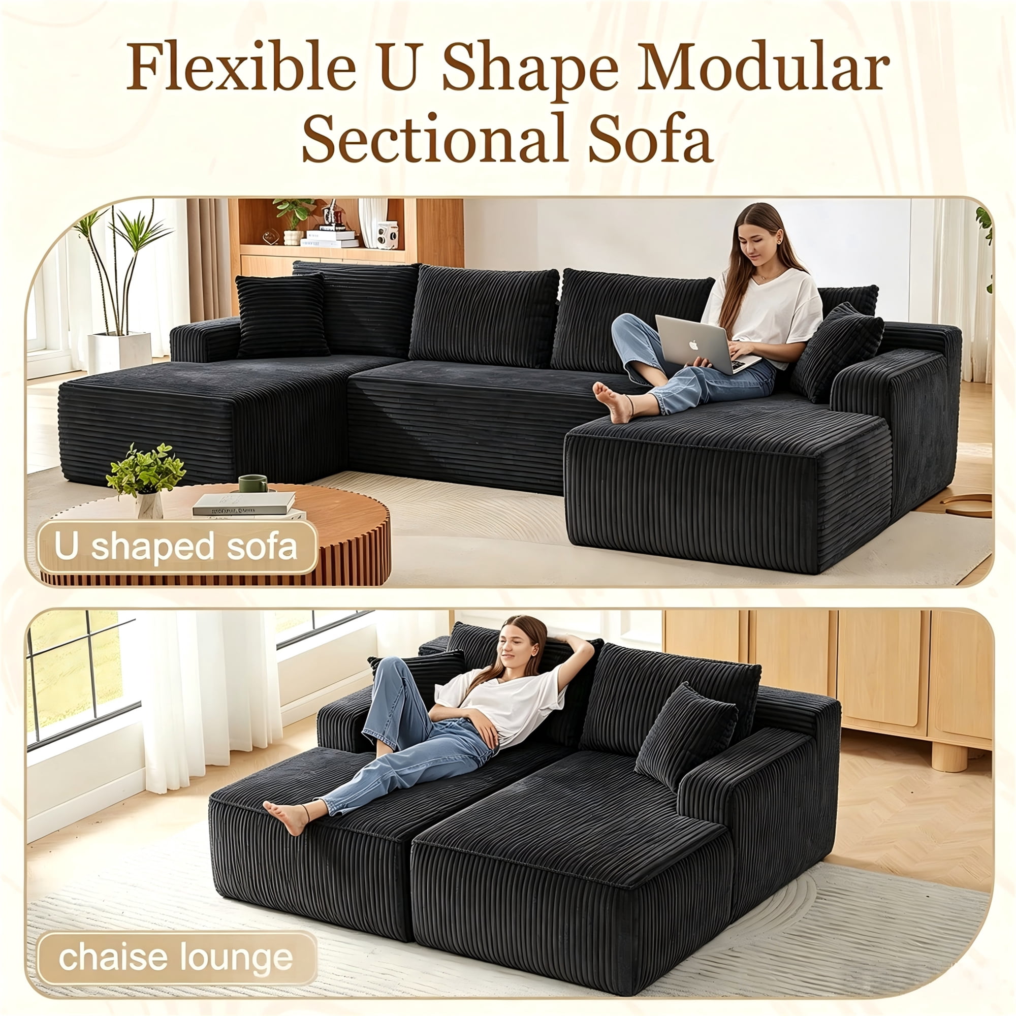 Aukfa 132" U Shape Cloud Sectional Sofa Oversized Modular Boneless Couch, Double Chaise Corduroy Sofa for Living Room, Dark Gray