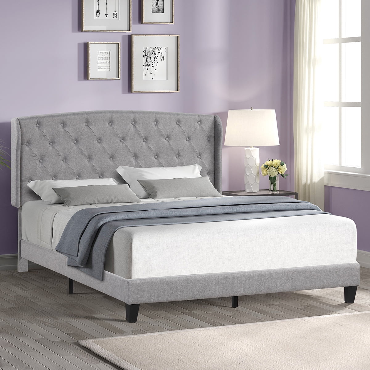Private Jungle Upholstered Platform Bed Frame, Full Platform Bed with Upholstered Button Headboard, Gray
