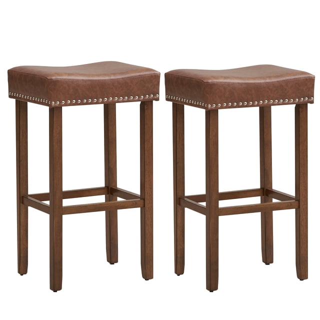 Coastway 29.5" Wood Frame PU Leather Upholstered Bar Stools Set of 2 with Footrests Brown