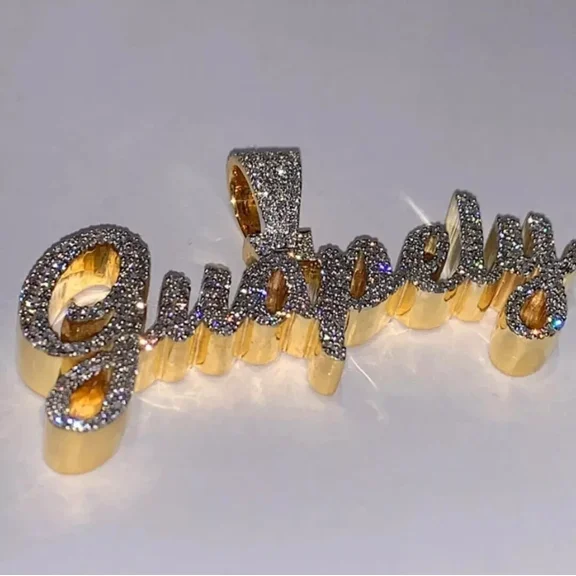 2.50Ct Round Cut Moissanite Men's Customize Name Pendant 14K Yellow Gold Plated