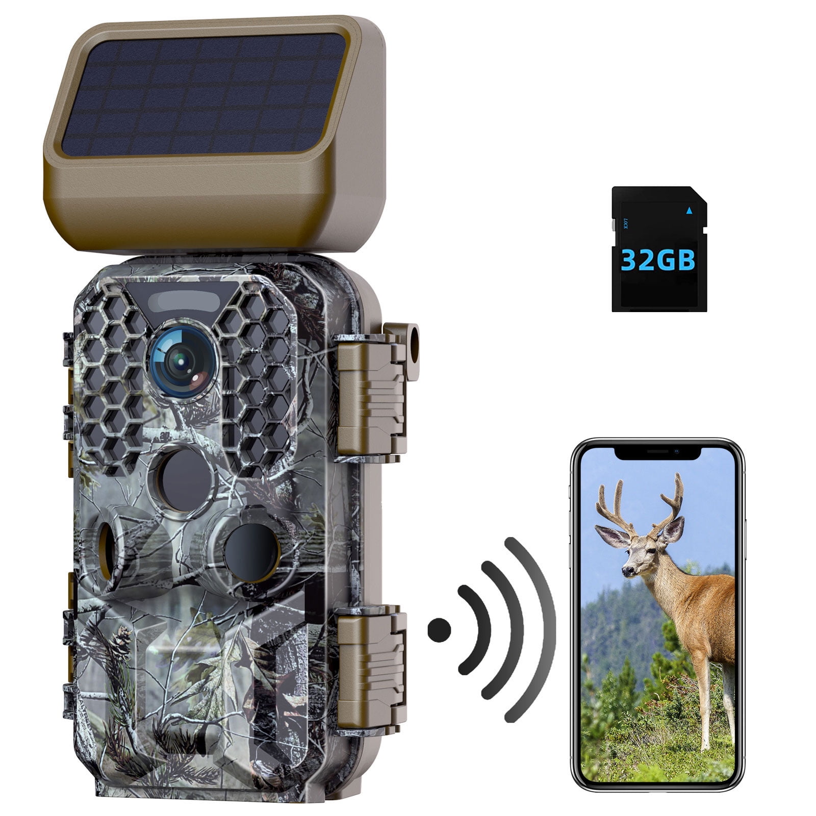 Trail Camera Solar Powered 36MP 4K Native WiFi Bluetooth Game Camera with 120°Wide-Angle Motion 3 PIR Sensor 0.1s Trigger Time Trail Camera with Night Vision IP66 Waterproof for Wildlife Monitoring 