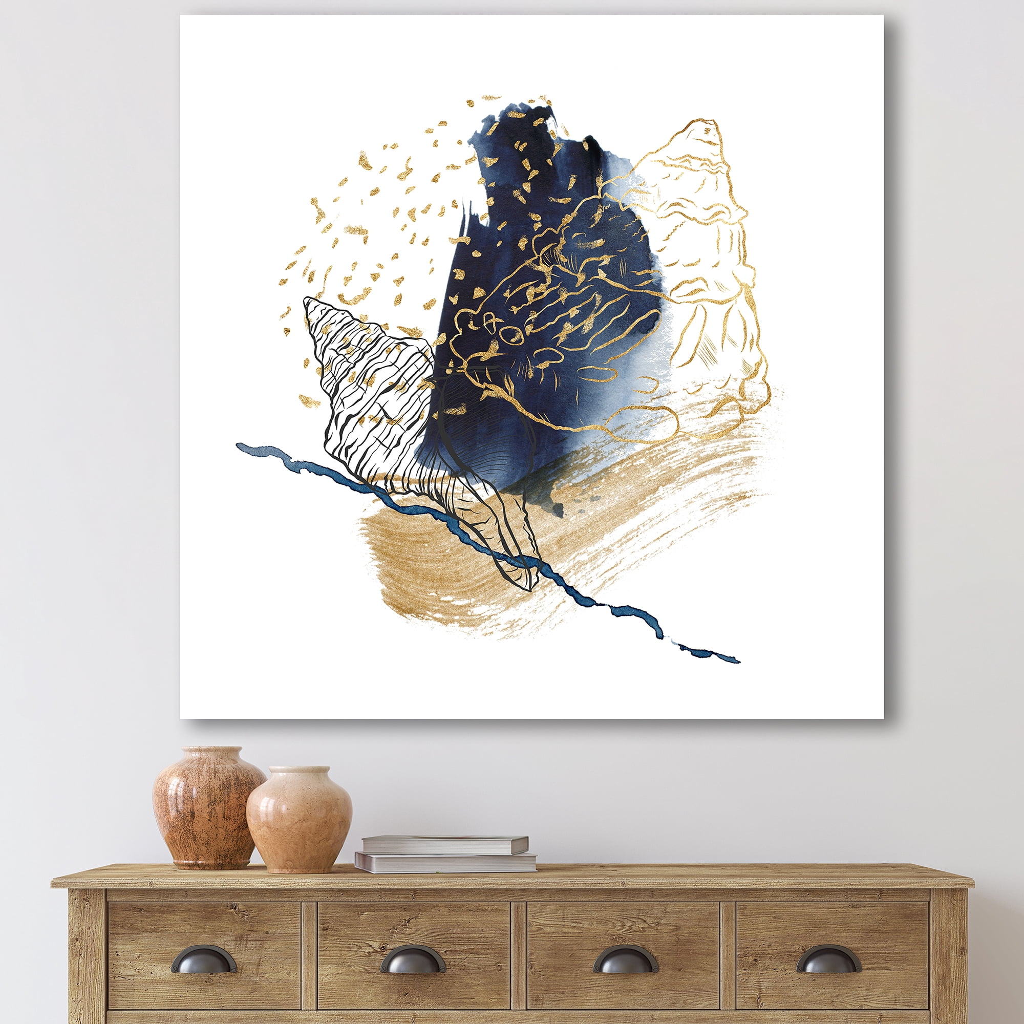 Designart ' Underwater Marine Life With Gold Shell Line Art ' Farmhouse Canvas Wall Art Print