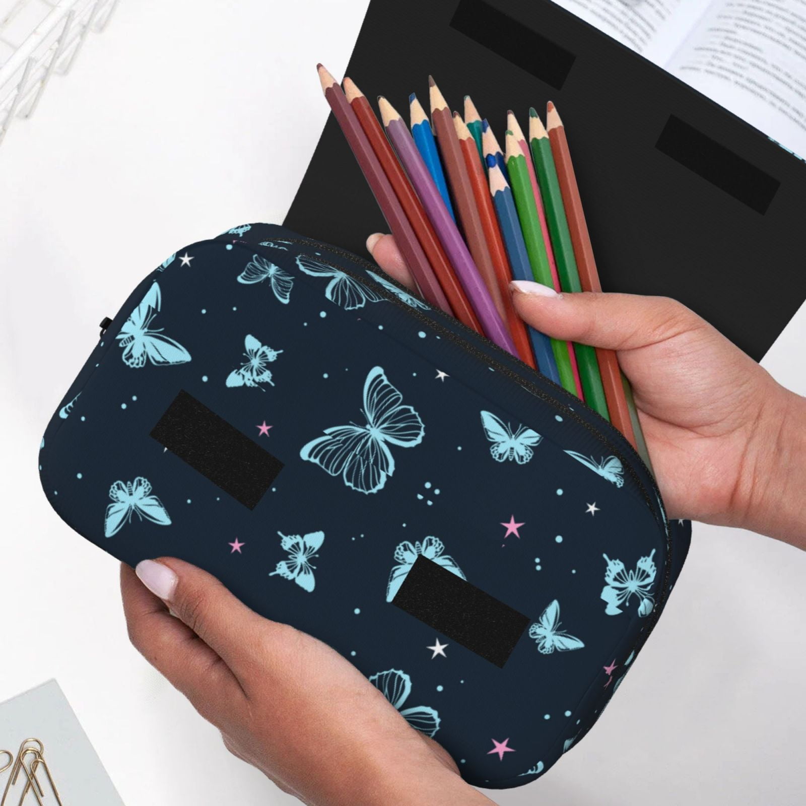 Rateoe Beautiful Butterflies Pattern Double Clamshell Pen Case, Storage Organizer with Two Zipper Compartments– Holds Up to 50 Pencils & Pens