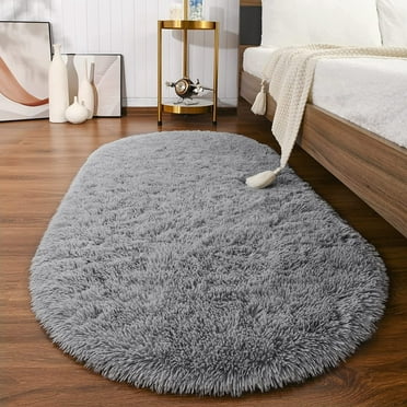 Dwelke Fluffy Rugs for Bedroom,Shag Cute Area Rug for Girls/Boys and Kids Baby Room Home Decor,Oval Indoor Carpet for Nursery Dorm Living Room 2.6'x5.3'Gray