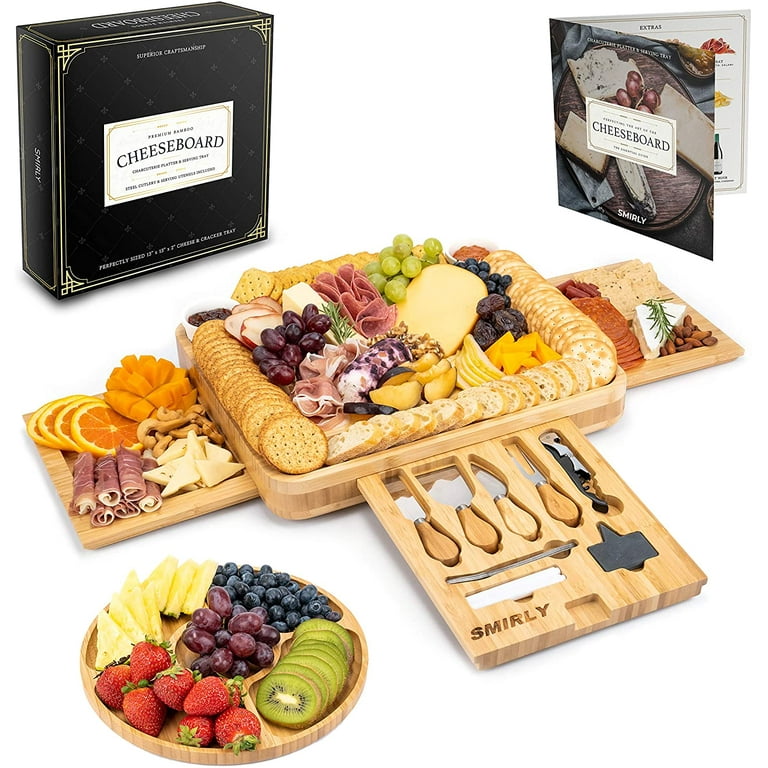 Smirly Cheese Board and Knife Set: 16 x 13 x 2 Inch Wood Charcuterie Platter for Wine, Cheese, Meat