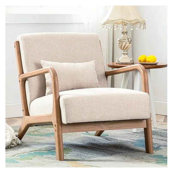 Century Modern Accent Chair, Comfy Fabric Living Room Chairs with Solid Wood Frame, Lounge Reading Armchair, Easy Assembly, Beige