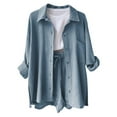 thumbnail image 5 of DHFJKG Women's 2 Piece Sets Spring Summer Outfits For Women Long Sleeve Button Up Collar Shirt High Waist Drawstring Shorts Casual Daily Wear Comfortable Outfit, 5 of 5