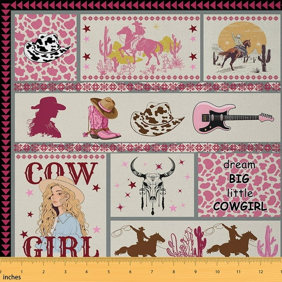 Western Cowgirl Fabric By The Yard Girly Pink Upholstery Fabric,Cowboy Hat Guitar Decor Fabric Galloping Horses Indoor Outdoor Fabric Geometry Plaid Fabric For Quilting Sewing,1 Yard