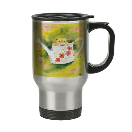 KuzmarK Insulated Stainless Steel Travel Mug 14 oz. - Chinese Shar-Pei Puppy in Watering Can with Flowers Art by Denise (Best Way To Travel In China)