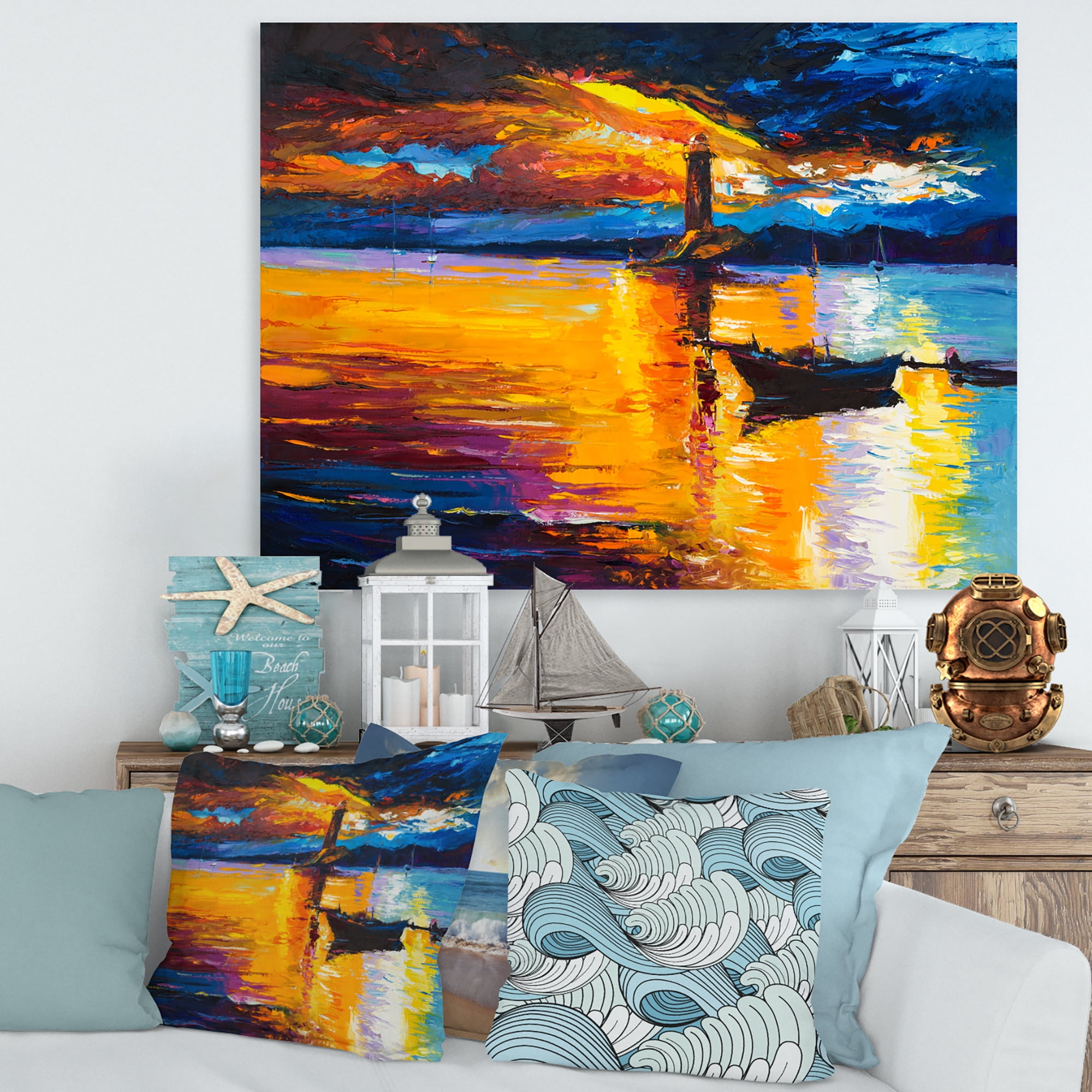Designart ' Little Boat By Lighthouse During Evening Glow ' Nautical & Coastal Canvas Wall Art Print