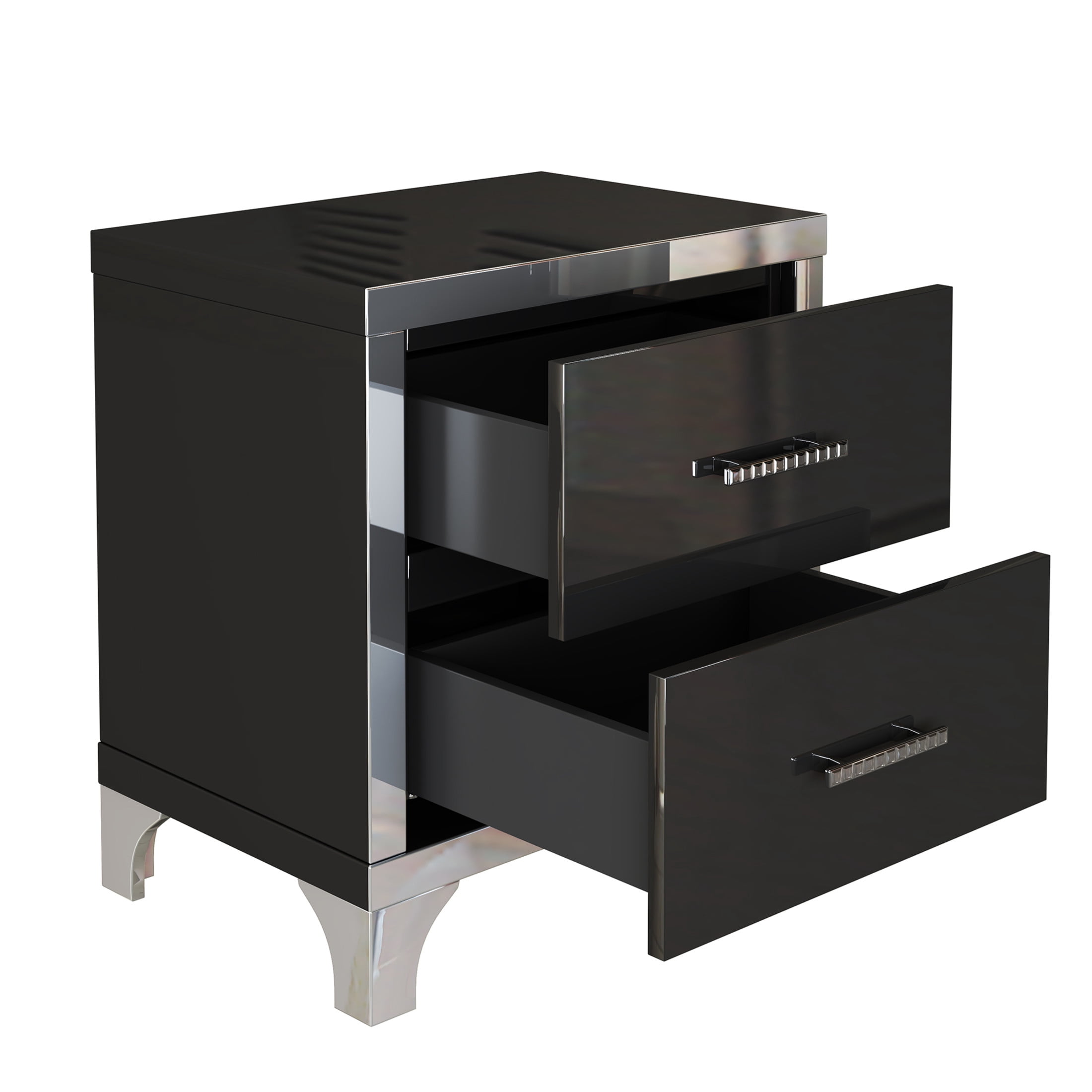 Noble House High Gloss Nightstand with 2 Drawers, Mirrored Bedside Table with Metal Handles, Black