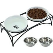YY FOREYY Elevated Cat Bowls with 2 Ceramic Bowls and 2 Stainless Steel Bowls,Raised Cat Food Water Bowl with Iron Stand,Porcelain Pet Dishes for Cats and Small Dogs,16 Ounces,Dishwasher Safe