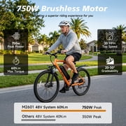 Electric Mountain Bicycle, 26 Tire E-Bike for Adults, 750W Peak Motor, 48V 7.8Ah Removable Battery, 7-Speed, UL2849, Front Suspension