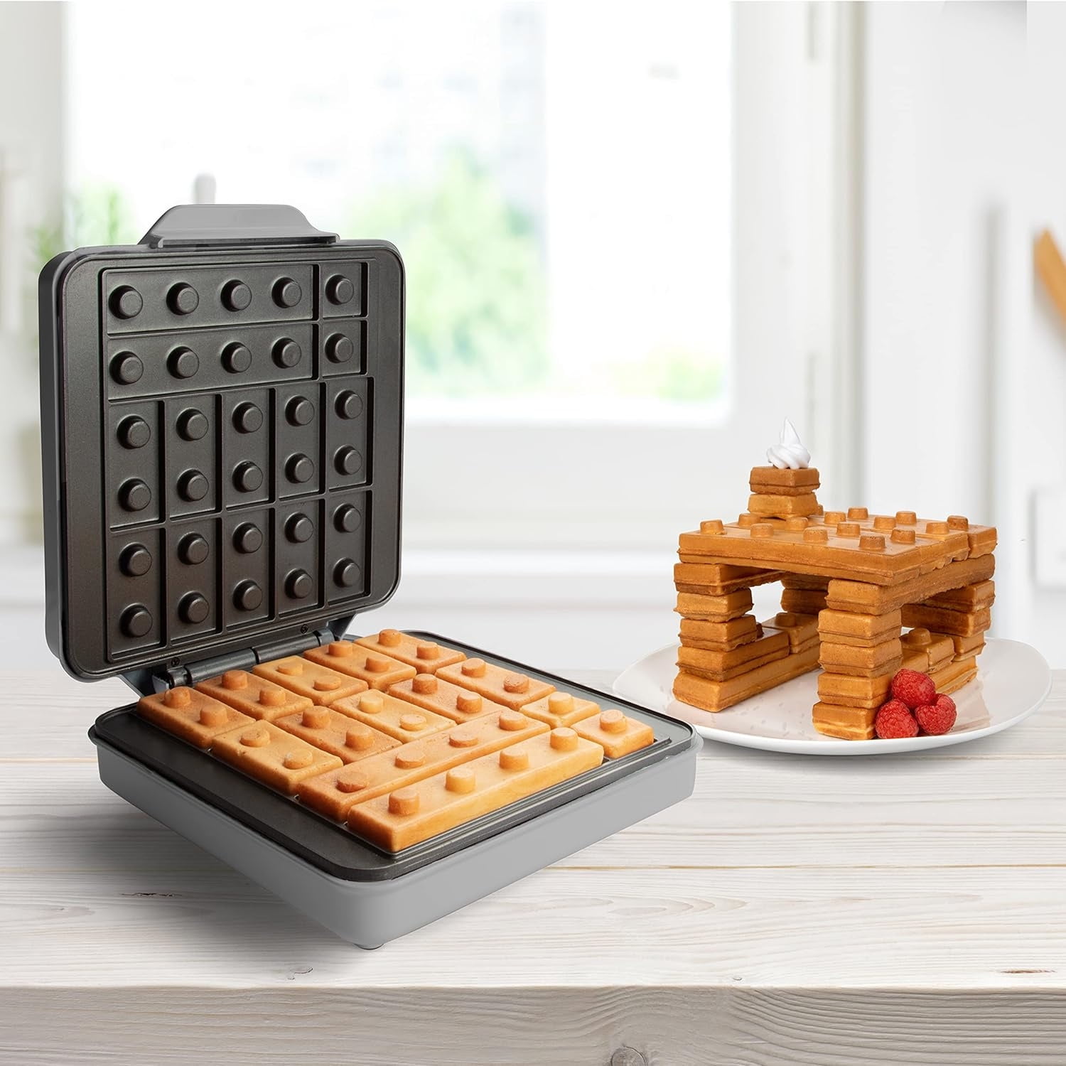Building Brick Electric Waffle Maker- GREY with 2 Construction Eating Plates- Cook Fun Buildable Gingerbread Man Waffles in Minutes- Revolutionize Breakfast