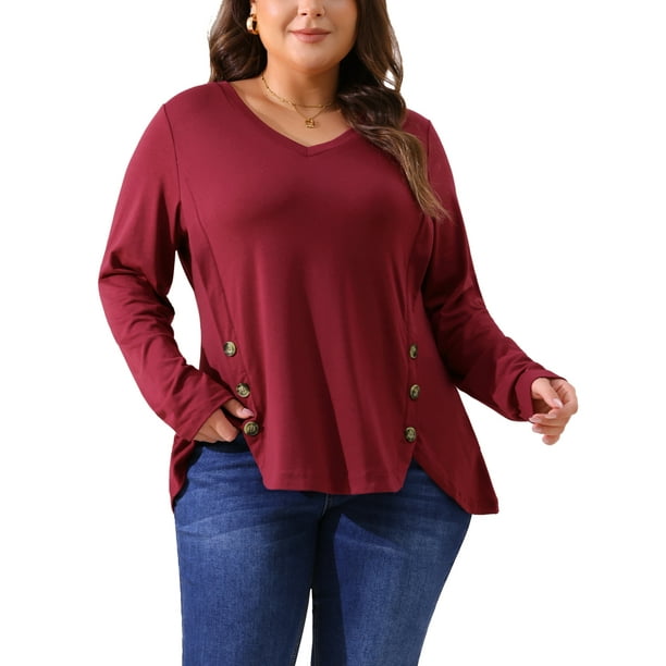Agnes Orinda Blusas de Talla Grande para Mujeres con Mangas Largas y Botones Decorativos 4X Burdeos