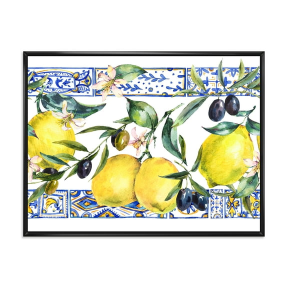 Designart 'Geometrical Pattern of Lemon Ornament On Blue II' Tropical Framed Canvas Wall Art Print